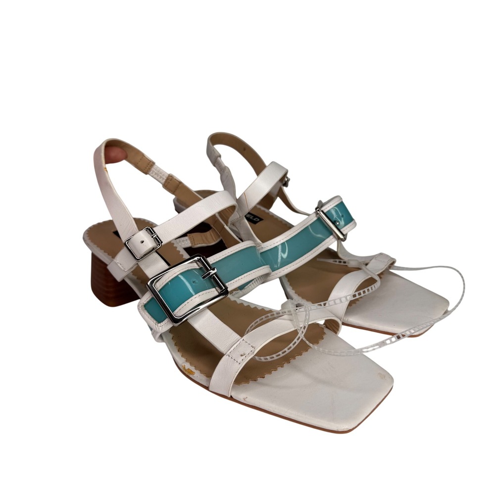 Karl Lagerfeld Paris Maja White Teal Leather Strappy Block Heel Sandals Size 9